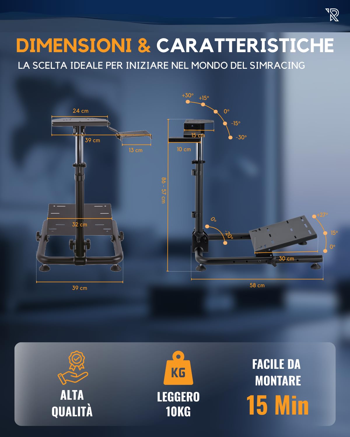 Supporto Volante Da Corsa Regolabile In Acciaio Nero Con Portacambio Rimovibile Compatibile Con La Maggior Parte Di Volanti, Pedali E Cambi, Pieghevole E Stabile Per Sim Racing