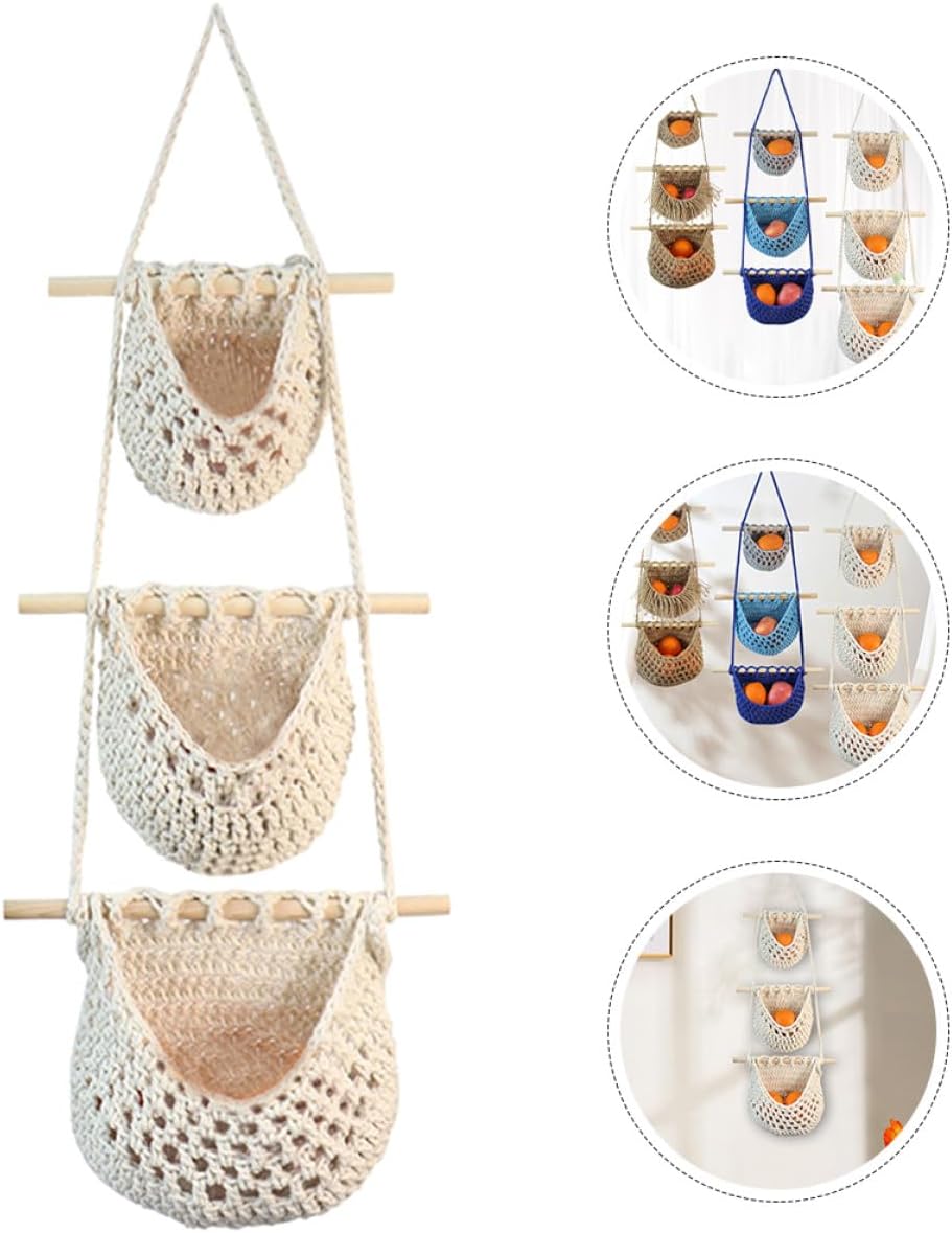 3-tier Cotton Rope Hanging Fruit Basket, 2pcs Multi-functional Kitchen Vegetable Holder and Wall Storage Organizer for Home and Living Room