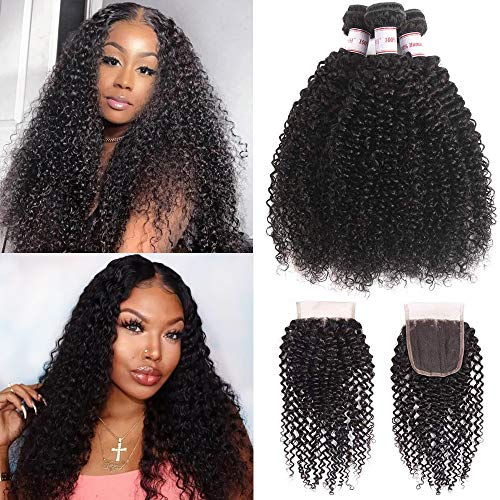 Brazilian Kinky Curly Virgin Hair 3 Bundles With Free Part Closure 100% Unprocessed Brazilian Curly Human Hair Weave With Lace Closure 350g/lot Natural Black (12 14 16+10 Free Part Closure)