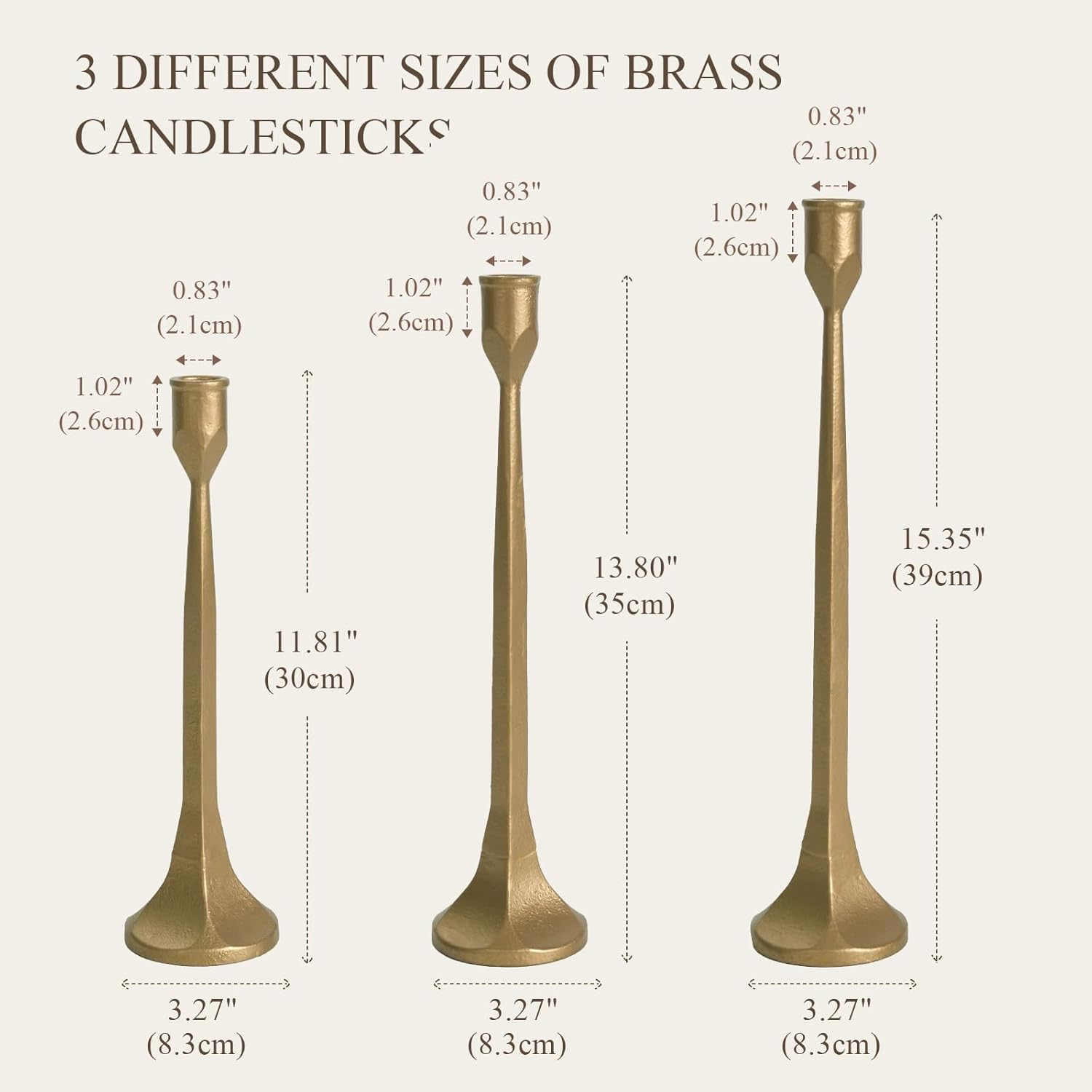 Cast Iron Tall Antique Brass Candlestick Holders Set of 3, Bronze Vintage Gold Tall Taper Candle Holders, Candle Sticks Holders Decor for Home Decor, Mantle, Table-11.8"+13.8"+15.4"(Gold) - Image 2