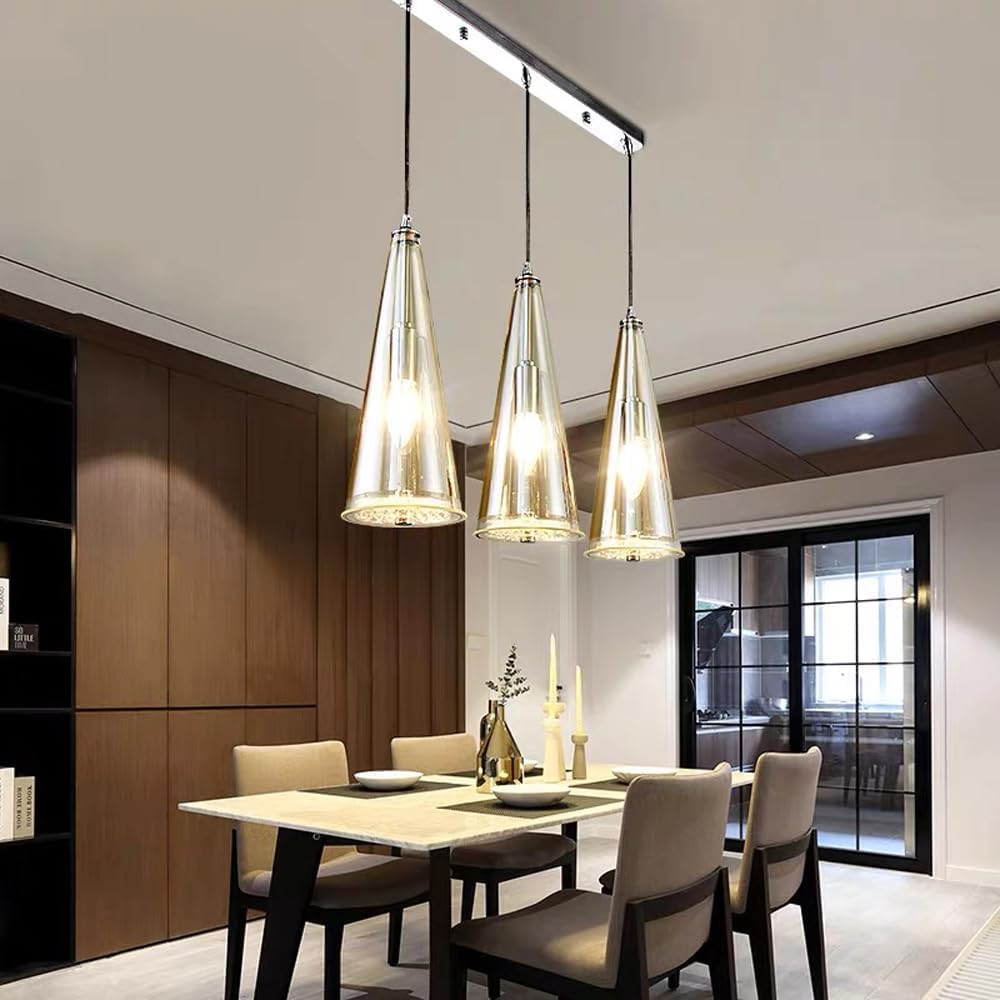 Lampadario a Sospensione Regolabile a 3 luci con Perline di Cristallo per Isola Cucina e Sala da Pranzo - Elegante Lampada da soffitto Color Cognac