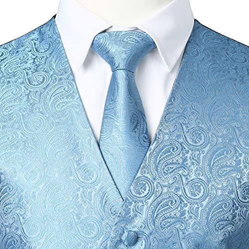 Jogal Men's 3Pc Paisley Vest Necktie Pocket Square Set For Suit Or Tuxedo Sky Blue Medium #TOP4