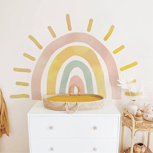 Miniatura 15 de Grandes calcomanías de tela acuarela boho medio sol para pared despegables y adhesivas, calcomanías de mural de amanecer en tonos pastel, decoración