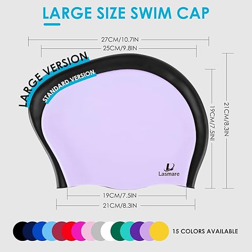 Miniatura 2 de Gorro de natación grande y largo con espacio adicional para mujeres y hombres, gorra de natación de silicona para cabello largo y grueso con tapones