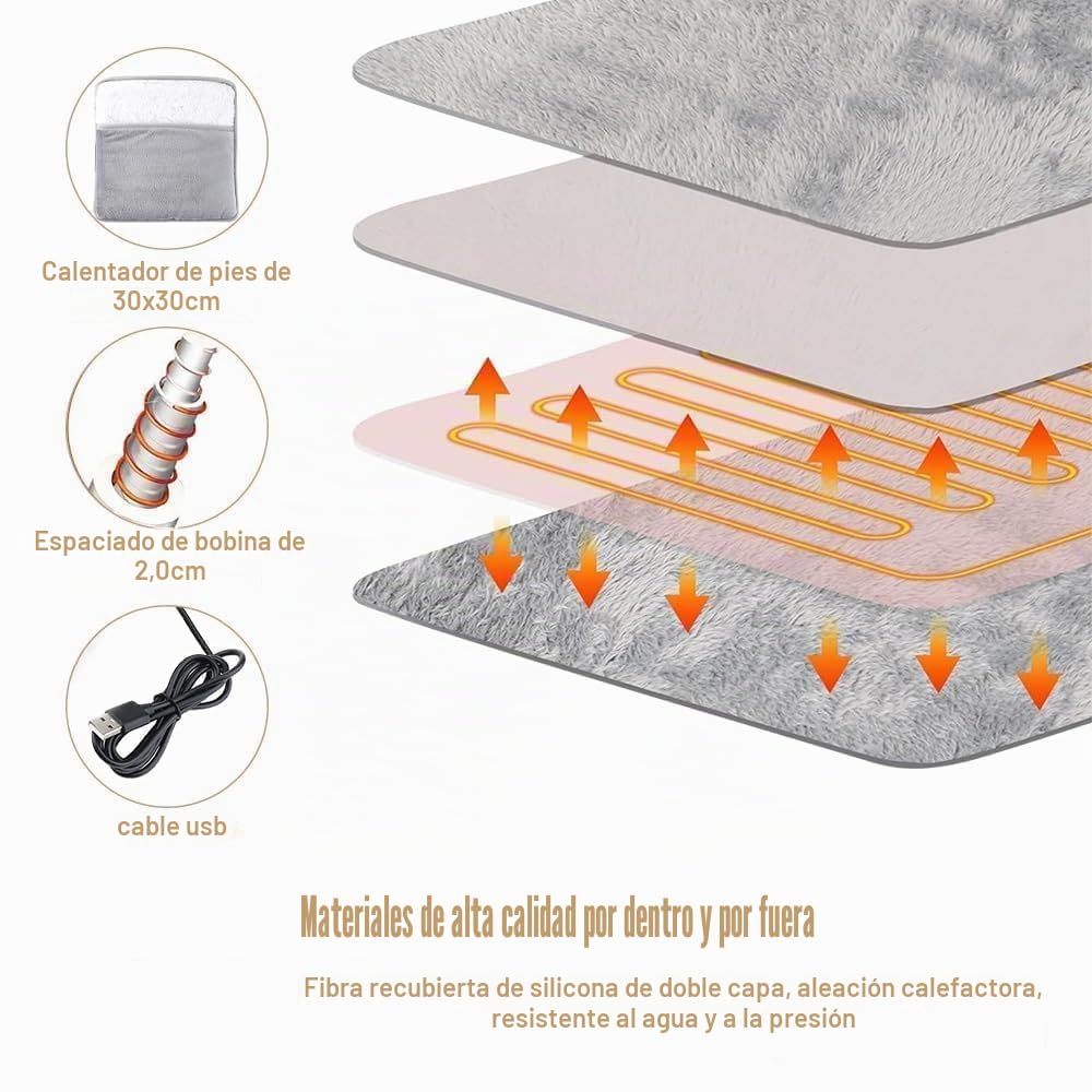 Calentador de Pies, 30 x 30cm Calienta Pies Electrico USB, Temperatura Costante di 55°C Pies Calientapiés de Calentamiento Rápid, Gris Zapatillas Eléctricas para Mujeres Hombres Invierno