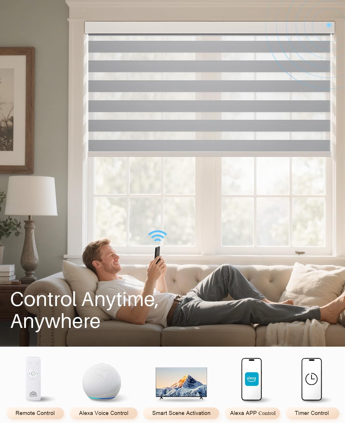 Smart Zebra Blinds for Windows, Alexa Motorized Blinds with Remote Control, Automatic Electric Power Zebra Shades for Indoor Windows (23" W x 72" H, Gray Fabric & White Shell)