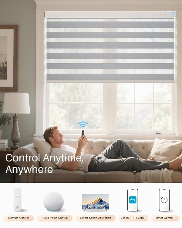 JaeJaes Smart Zebra Blinds for Windows, Alexa Motorized Blinds with Remote Control, Automatic Electric Power Zebra Shades for Indoor Windows (31" W x 72" H, Gray Fabric & White Shell) by JaeJaes - Image 4