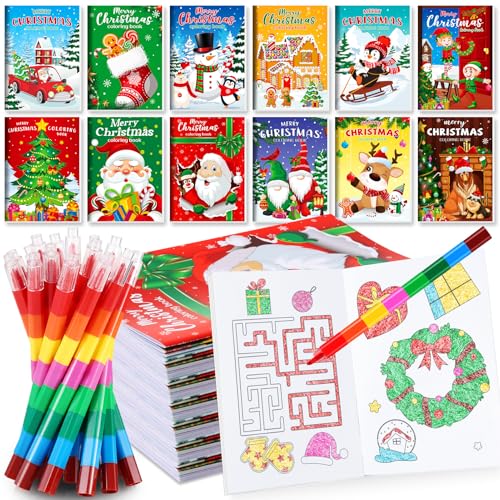 BenLouis 12 Christmas Mini Coloring Books with 12 Stacking Crayons for Kids