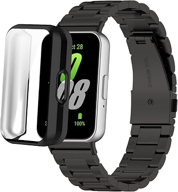 Stainless Steel Watch Band Compatible for Samsung Galaxy Fit 3, Metal Strap with Breathable Design, TPU Case Protective Bumper Cover for Men Women