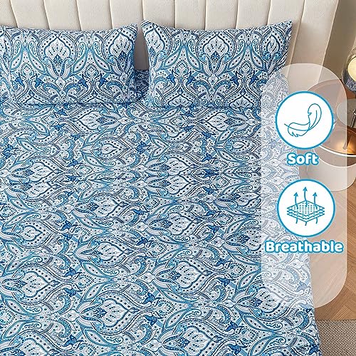 Image of Softan Blue Twin Size Sheet Set, Paisley Printed Bed Sheets for Single Bed, 3-Piece Microfiber Fitted Sheet with 15 inch Deep Pocket & Non-Slip Straps, Patterned Bedding Sheets & Pillowcase Set
