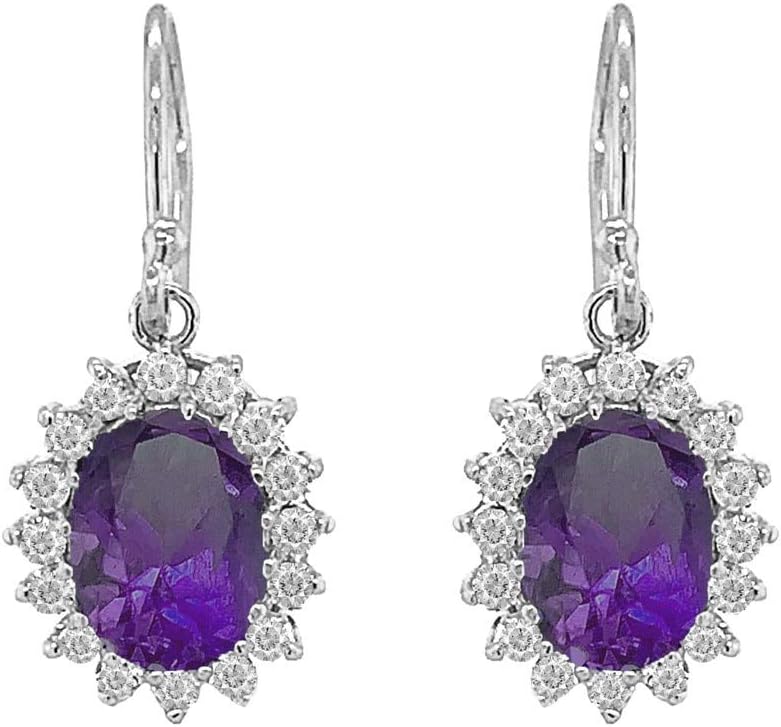 Elegant Sterling Silver Genuine Amethyst Oval-Shaped Fancy Earrings with CZ