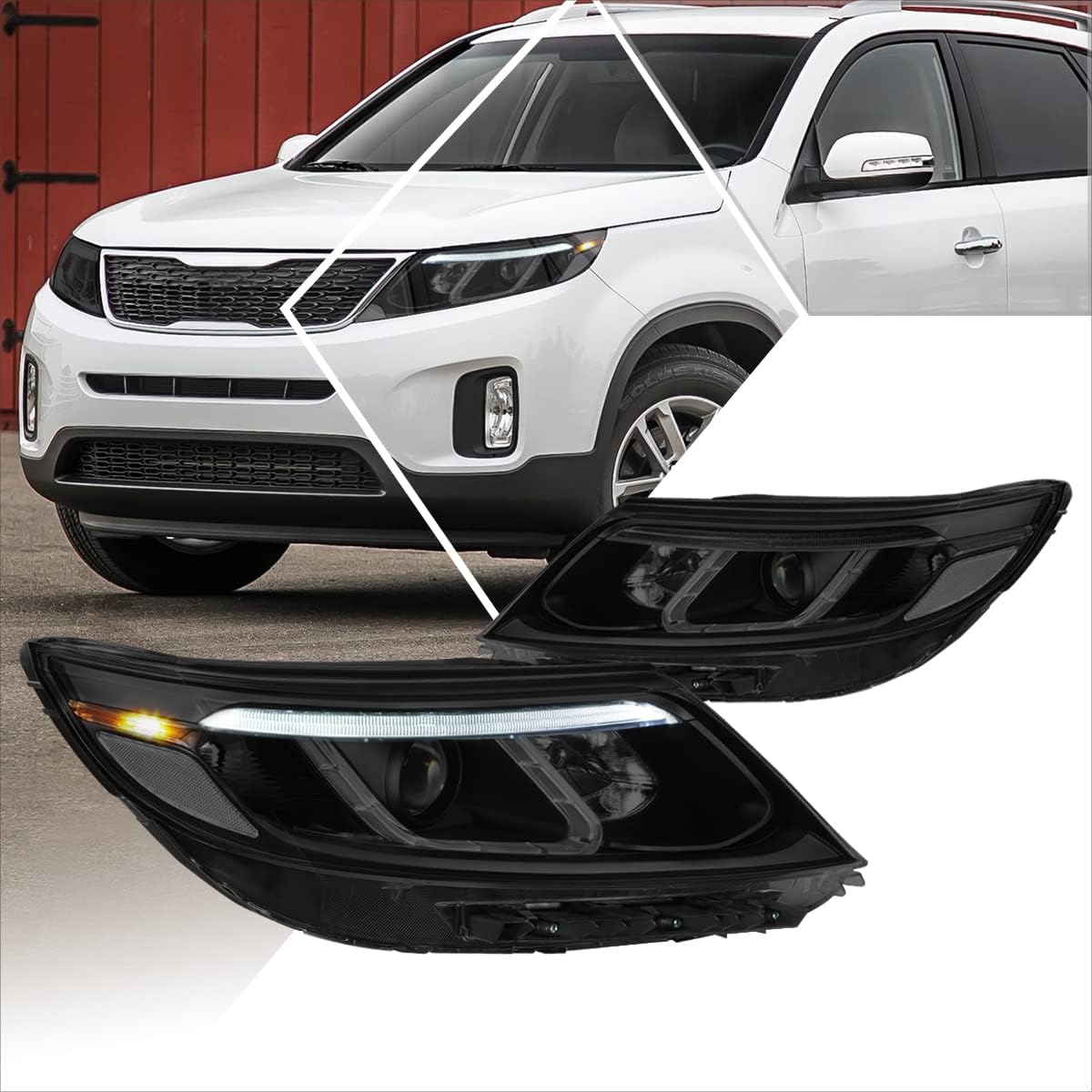 PM PERFORMOTOR 3D LED DRL Projector Headlights Assembly Compatible with 14-15 Kia Sorento EX/SX,Black Housing/Clear Corner