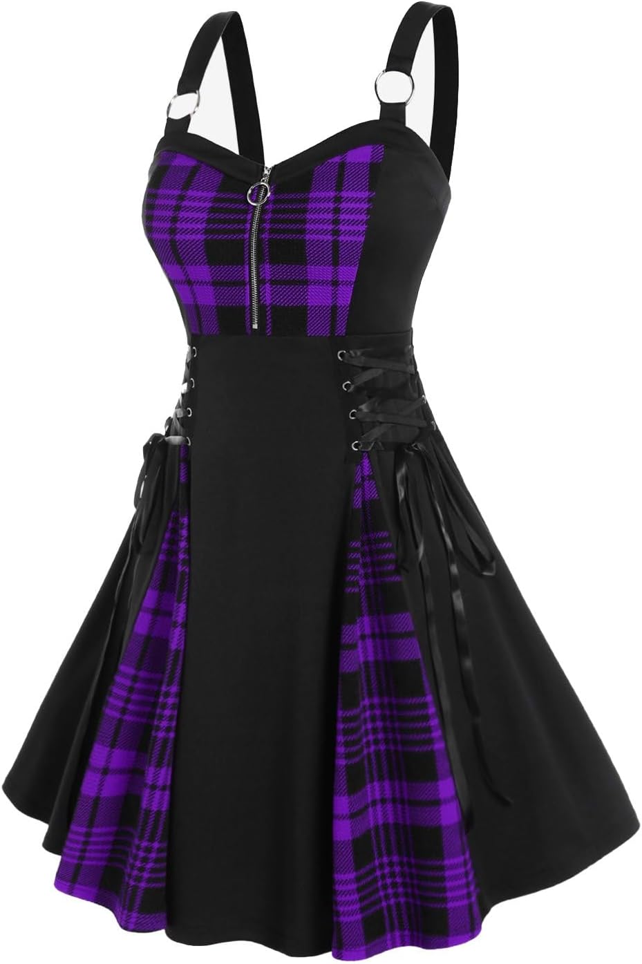 ROSE GAL Gothic Lace Up Plaid Half Zipper Fit and Flare Gothic Dress