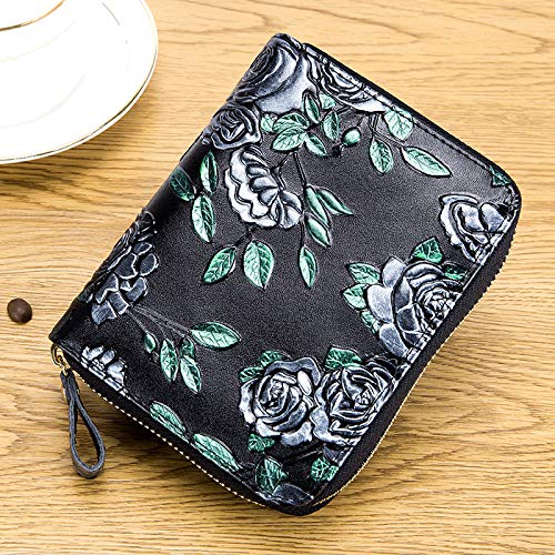 Genuine Leather Zip Wallet First Layer Cowhide RFID Blocking Organ Hand Painted Flower Card Holder Purse Coin Pocket Women Clutch Bag (Silver Rose)2