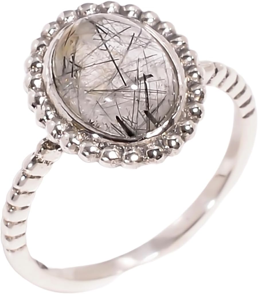 Black Rutile Quartz Gemstone 925 Sterling Silver Handmade Statement Wedding Engagement Promise Stacking Ring Jewelry Gift for Women