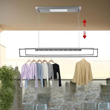 Electric Ceiling Drying Rack, Folding Ceiling Mounted Clothes Drying Rack, 110V Electric Retractable Airing Rack with Controller Control and LED Light, 77.16 lbs Capacity (Grey)