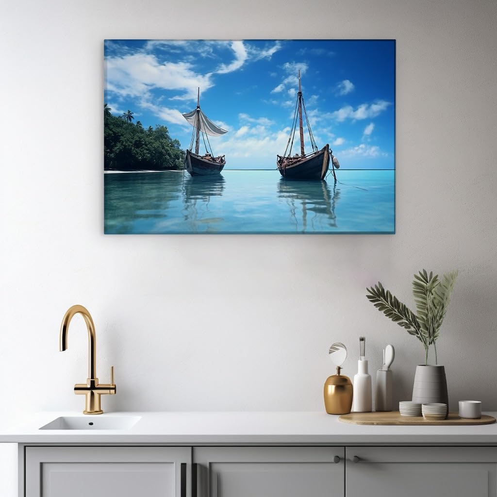 Canvas for Living room. Sailing into Serenity: A Tranquil Ocean Escape Amongst Tropical Splendor, 27 x 18 inch Canvas Wall Art - Contemporary Masterpieces - Botanical Home Decor