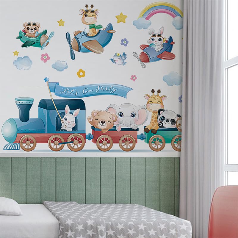 FUFUQUARE Cartoon Animal Train Wall Stickers Colorful Airplane Elephant Giraffe Rabbit Wall Art Decals Removable DIY Vinyl Decor for Baby Kids Bedroom Living Room - Image 3