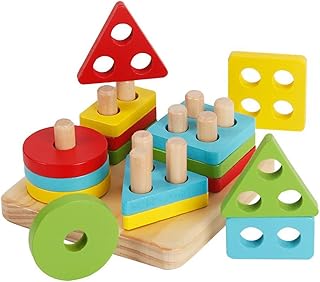 KanCai Wooden Educational Toddler Toys Geometric Shapes Block Board Stack Sort Chunky Puzzle Colour Sorting, Stacking Plugging Toys