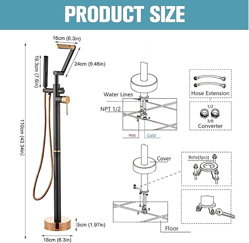 Miniatura 2 de Grifo de bañera independiente negro mate, relleno de bañera de cascada de alto flujo de 360 grados, grifo de ducha de pie con asa, grifo mezclador