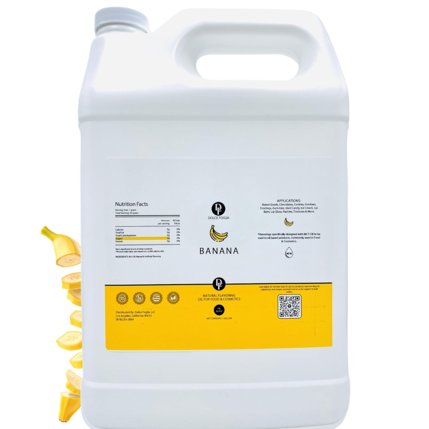 Dolce Flav Banana Extract – 1 Gallon Oil-Soluble Kosher, Sugar-Free, Concentrated Ripe Banana Flavoring for Baking, Smoothies & Ice Cream