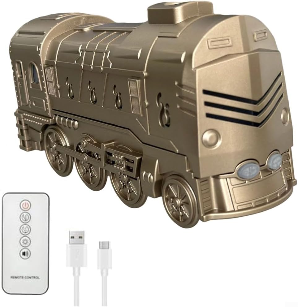USB Steam Train Essential Oil Diffuser 300ml Retro Shape Cool Mist Humidifier with Remote Control Ultra Quiet Operation 7 Color Ambient LED Lights Automatic Shut Off Two(Gold)