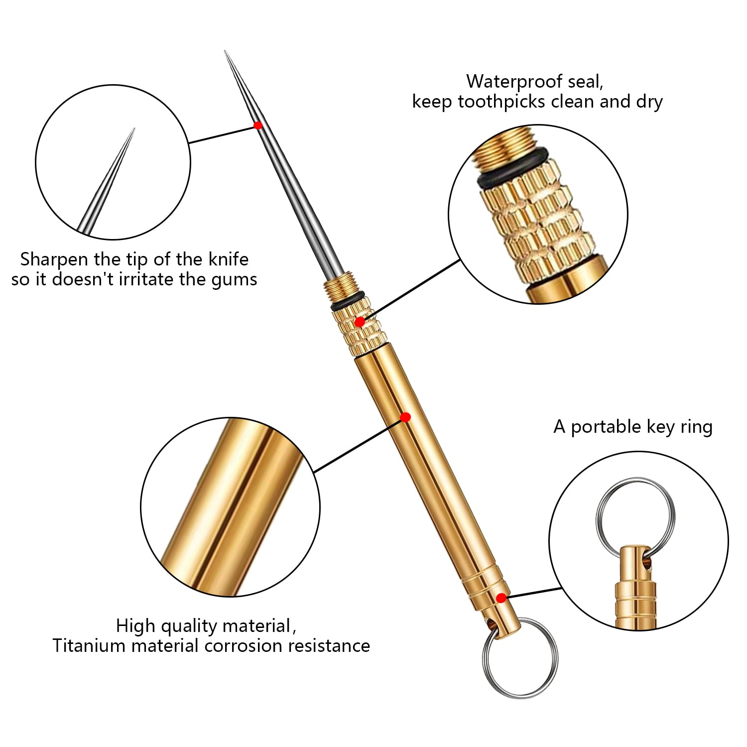 4 Stuzzicadenti In Titanio Portatili - Riutilizzabili, Impermeabili, Ideali Per Outdoor E Campeggio (Colore Oro) - Foto 2