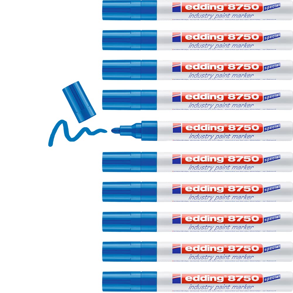 edding 8750 Industry Paint Marcador, Azul, 10 Bolígrafos, Punta Redonda 2-4 mm, Marcador de Pintura para Escribir Sobre Superficies Polvorientas y Ligeramente Aceitosas, Neumáticos, Metal, Vidrio