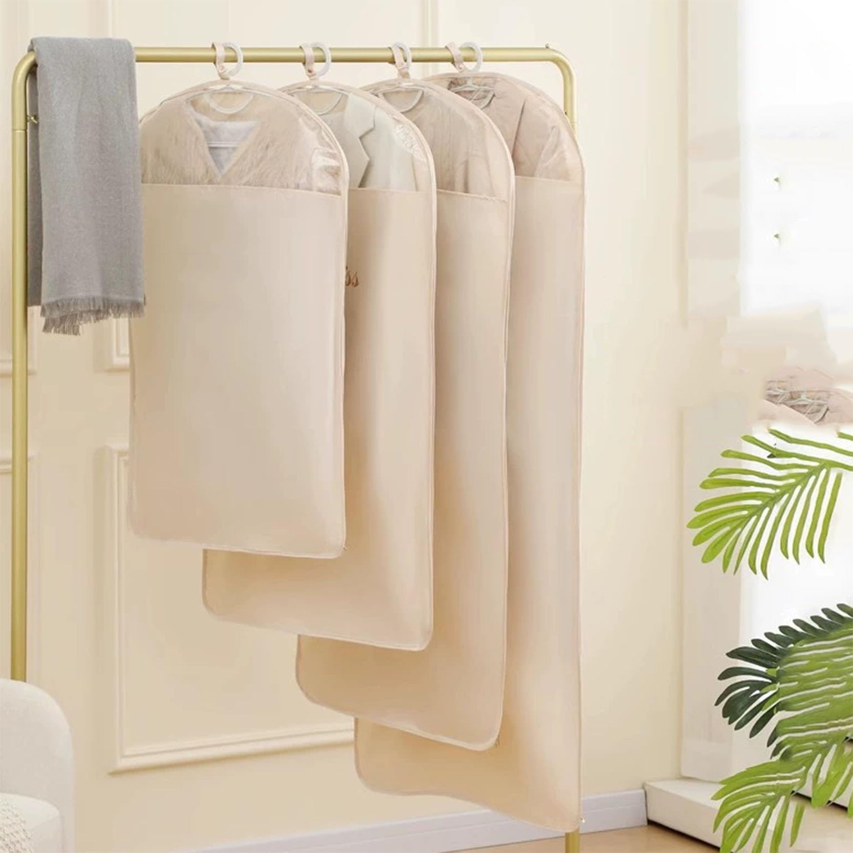 Paquete de 3 fundas for ropa, de 90 a 150 cm de largo, transparentes, for colgar en la ventana, a prueba de polvo, for guardarropa, abrigos, trajes y chaquetas.(Beige,59x90cm)