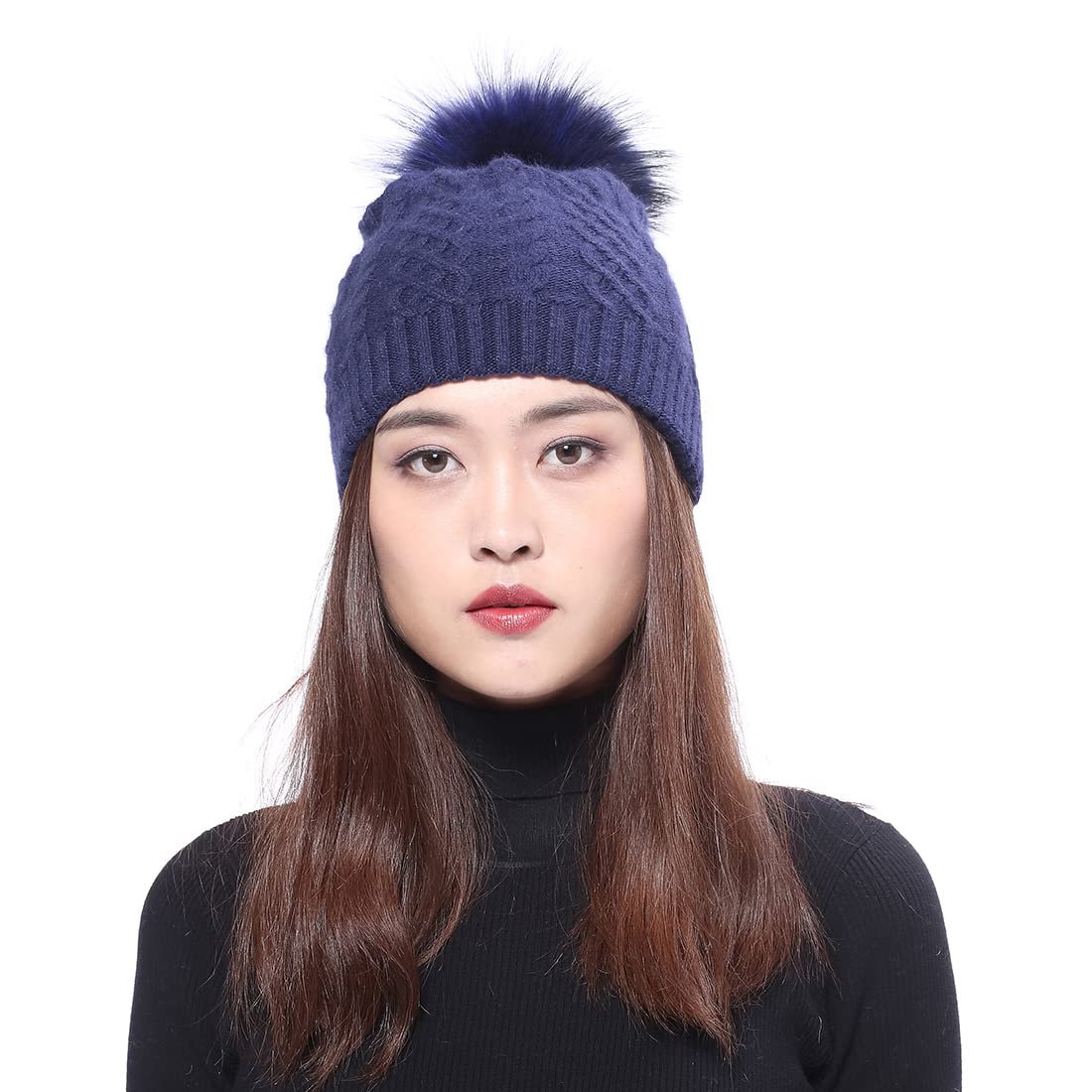 BeFur Bonnet tricoté pour femme d'hiver doux et élastique avec pompon renard, Blanc., Taille unique