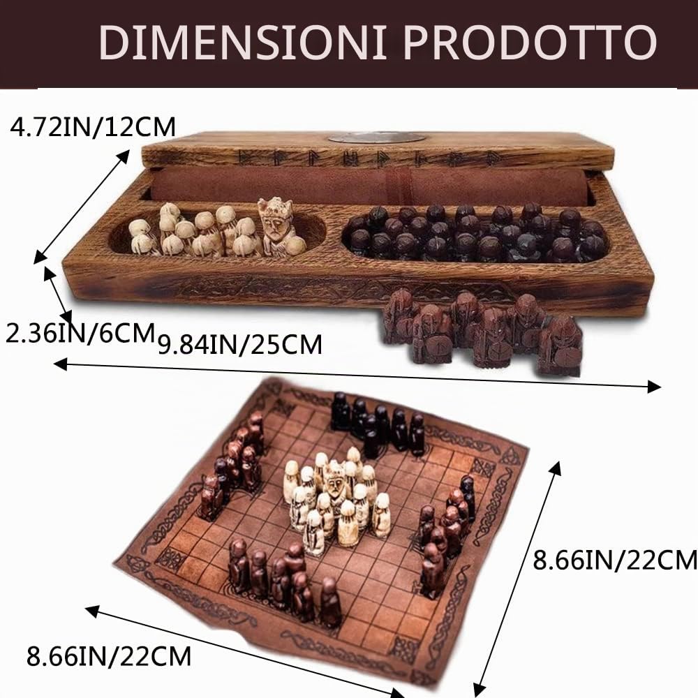 Set di scacchi medievali - Set di scacchi vichinghi, scacchi in legno vichinghi, set di scacchi vichinghi Hnefatafl per adulti/bambini, scacchiera : 22 x 22 cm, marrone