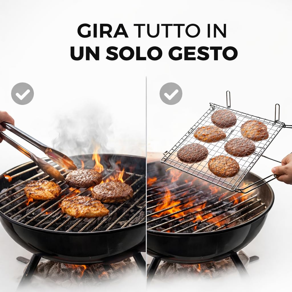 Generico Graticola Ribaltabile per Barbecue 30x30 / 30x40 cm – Griglia BBQ per Bistecche e Carne, Doppia Rete Bloccaggio Sicuro, Ideale per Barbecue a Carbonella (30x40 cm)