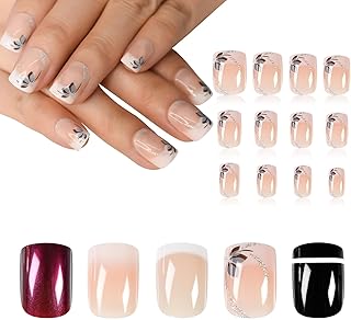 5 Packs Pre-design Press on Nails Glossy Nude French Nail Art Tips Short Squoval Red White Black False Nails Salon Manicure Kits Reusable Acrylic Nails Fake Fingernails 120pcs with Adhesive Tabs