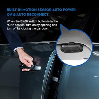 Besign BK06 Bluetooth 5.0 in Car Speakerphone with Visor Clip, Wireless Car Kit for Handsfree Talking, Motion Auto On, Siri Google Assistant Support, Dual 2W Speakers