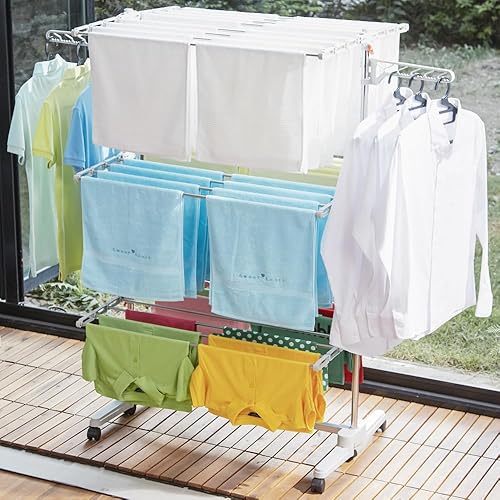 Miniatura 4 de Escurridor plegable con ruedas – 48 varillas de secado, resistente, móvil, perfecto para ropa, edredón, calcetines, ropa de cama, sábanas, 6 alas