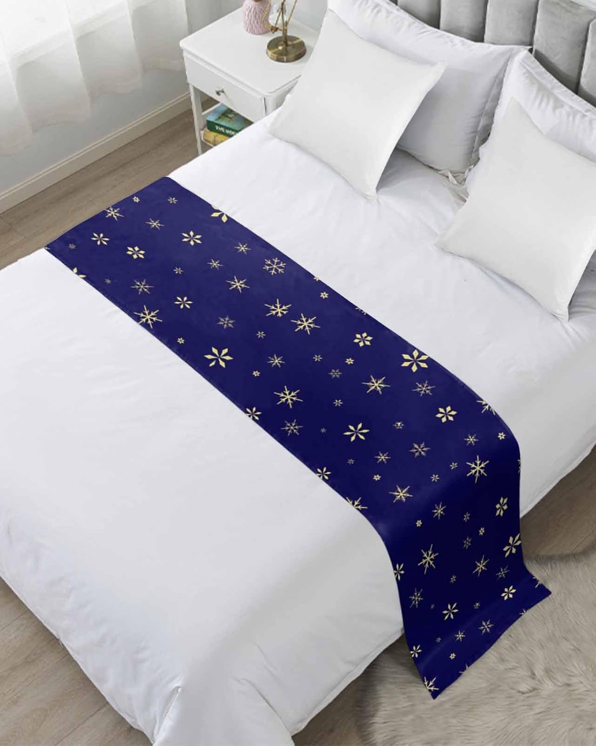 Christmas Blue Bed Runner Scarf Full Queen Size, Winter Snowflakes Xmas Retro Luxury Bed Throw Runners & Scarves for Twin Full Queen King Foot of Bed, Bedroom Hotel Wedding Room Decoration, 83"x20"