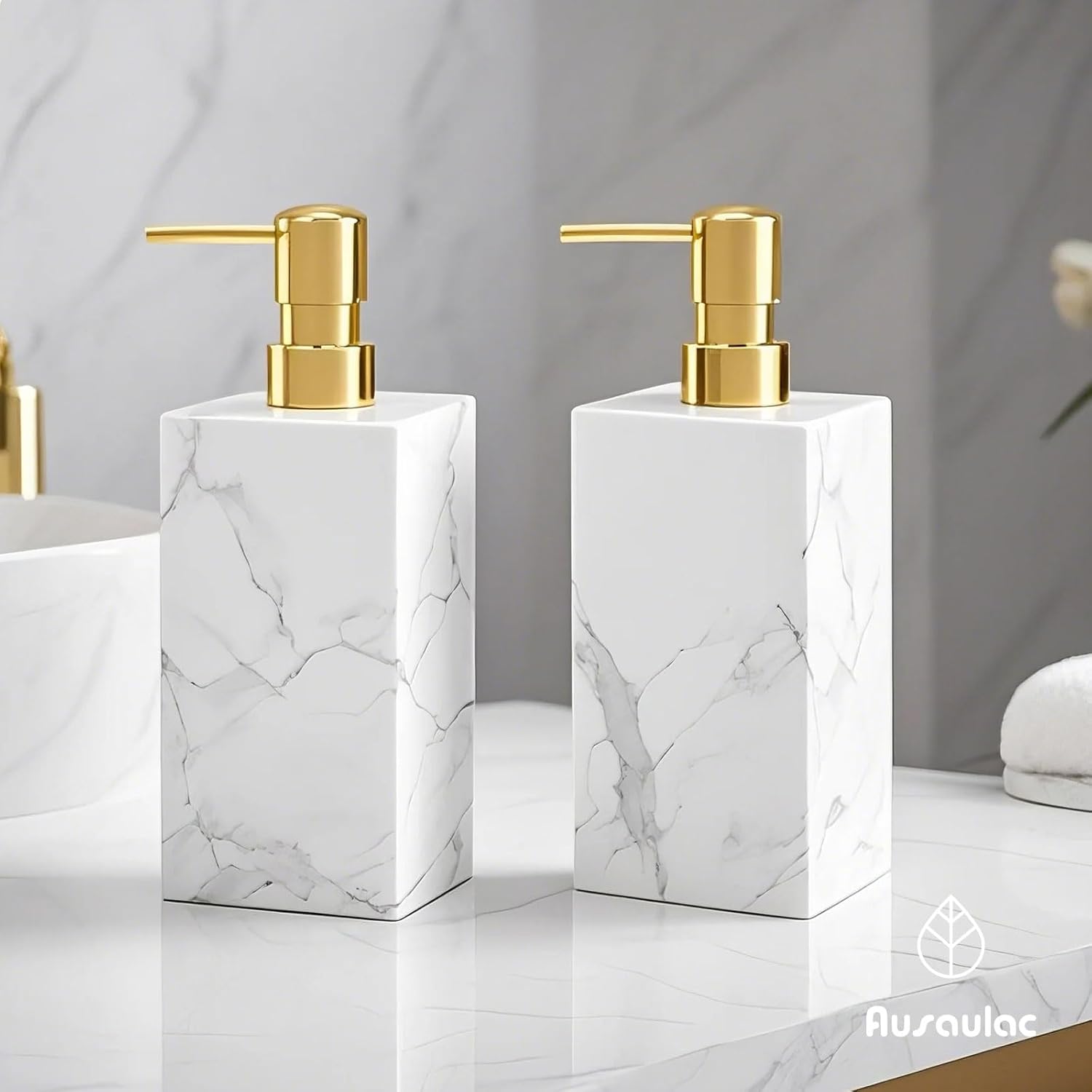 2 Pack Real Natural Marble Soap Dispenser with Stainless Steel Pump Decorative Liquid Hand Soap Bottle for Kitchen Bathroom, Compatible with Lotion, Dish Soap Shower Gel (White 2 Set)