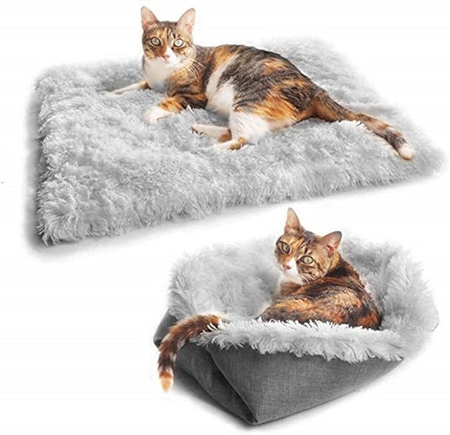 Eidoct Furry Self Warming Cat Bed Mat for Cats Small Dogs,Function 2 in 1 Soft Plush Blanket for Indoor Cats Dogs Fluffy Pet Bed (Gray)