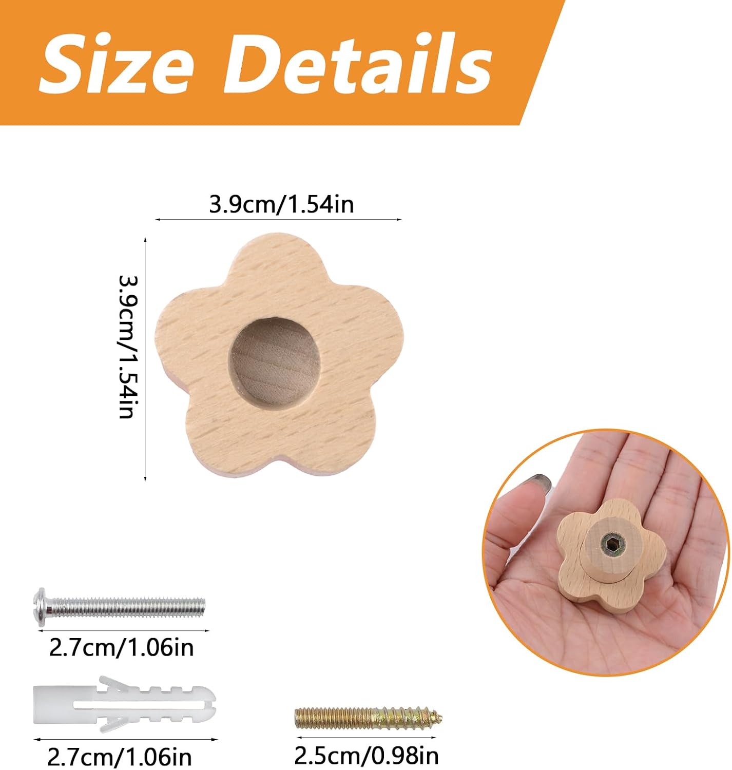 MOROBOR Flower Shaped Wooden Cabinet Knobs, 12 pcs Decorative Natural Wood Knob Single Hole Beech Wood Furniture Pull Handles for Drawer Wardrobe Cabinet Dresser with Screws& Expansion Tube