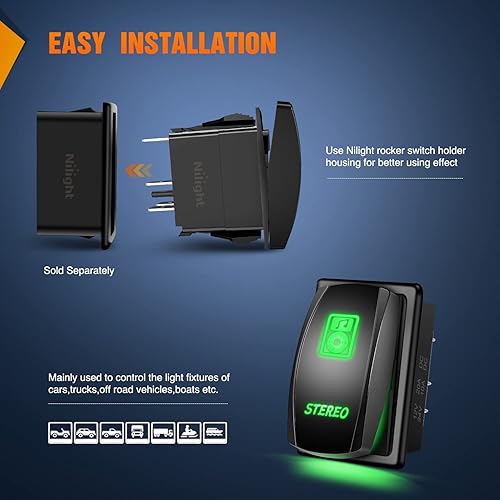 Miniatura 8 de Nilight Interruptor basculante estéreo, barra de luz LED, 5 pines, láser, encendido y apagado, interruptores SPST 20A/12V 10A/24V verde con cables