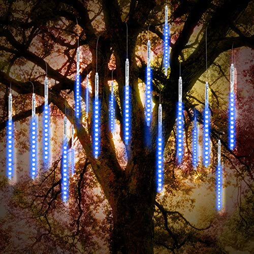 Vikdio Pluie de Météores 30cm 10 Tubes en Spirale 300 LEDs Imperméable Neige Glaçon Chute des Guirlandes pour Mariage Arbre Jardin de Noël décor, Soutien 3 Ensembles Crochet (Bleu)