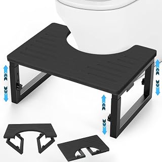 Caossuixin Taburete de inodoro plegable para adultos, de metal con taburete de madera, altura ajustable, de bambú, taburete de inodoro para adultos, antideslizante, para niños, color negro