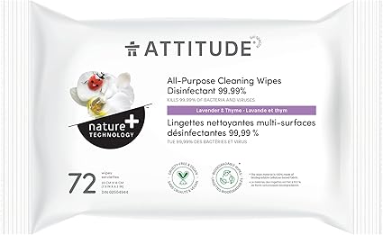 ATTITUDE All Purpose Disinfecting Wipes, Kills 99.99% of Germs & Viruses, Biodegradable, Vegan, Lavender & Thyme Scent, 72 Count