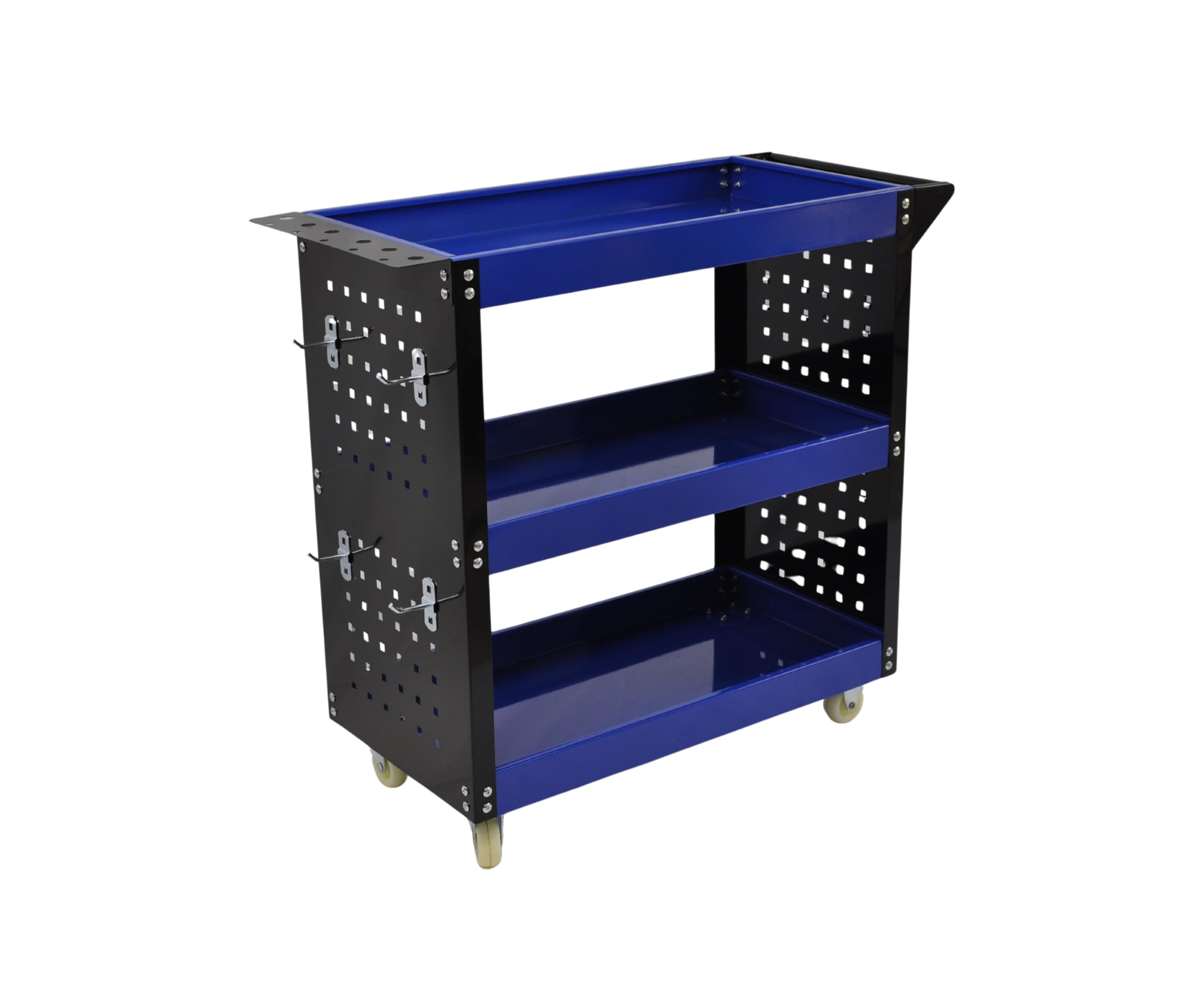 Carro de Taller Profesional 3 Baldas con Paneles Laterales y Ganchos – Azul/Negro – 700×350×760 mm – Carro Herramientas con Ruedas Maniobrable
