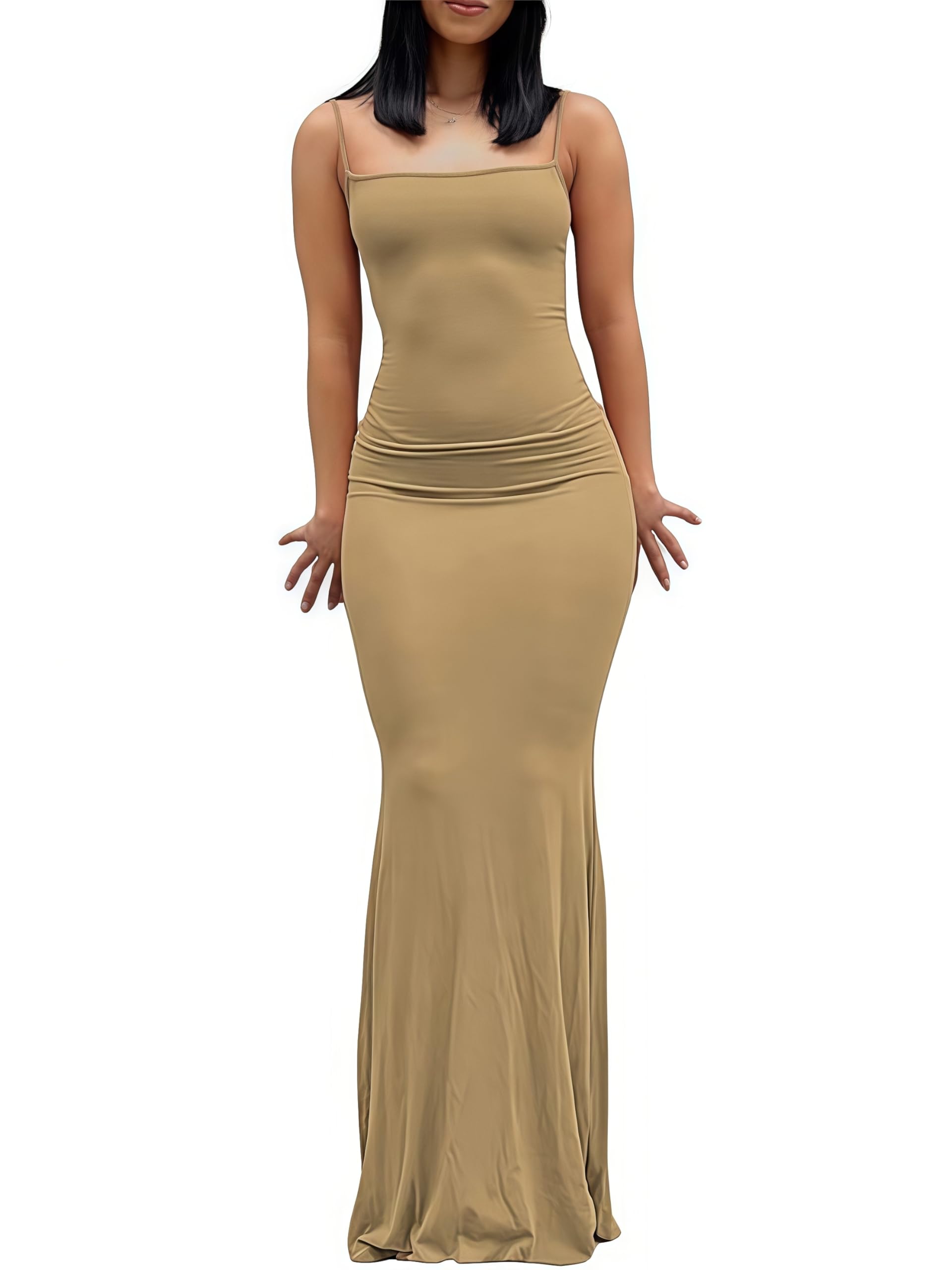 Damen Cami Bodycon Kleid Casual Basic Solid Kleid Spaghetti Strap Maxikleid TikTok Influencer Kleid