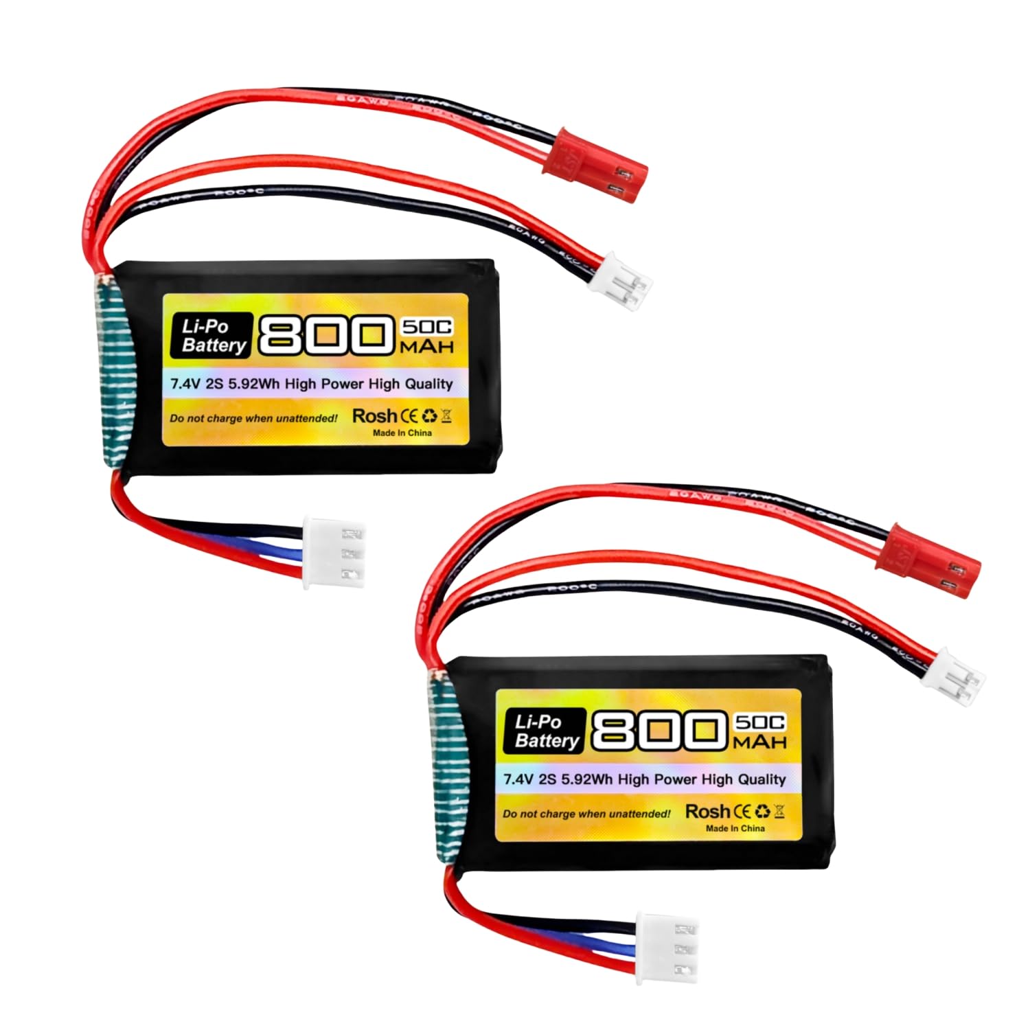 2PCS 7.4V LiPo 2S 50C 800mAh with JST and PH2.0 plug for SCX24 RC Car Battery, Compatible with most 1/10, 1/16, 1/18, 1/24 Scale RC Car, Truck and RC Drone Batteries