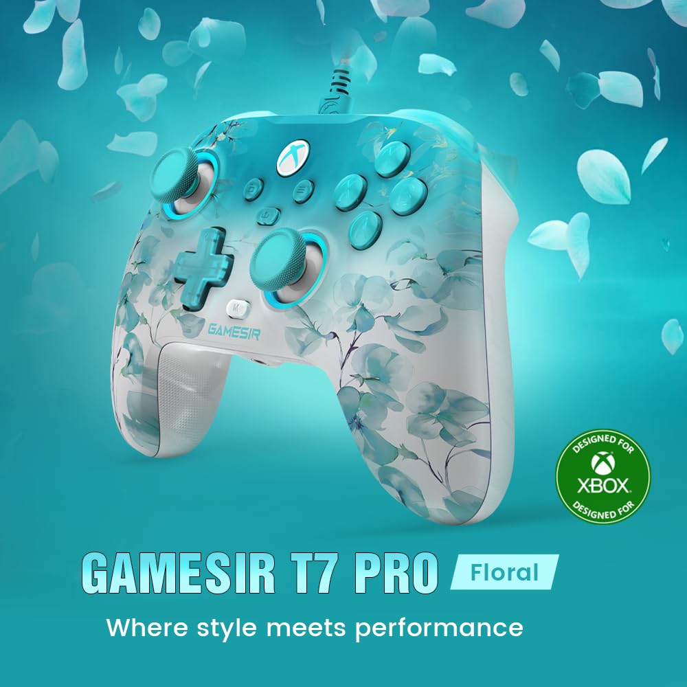 GameSir T7 Pro Mando con Cable Floral para Xbox Series X|S, Xbox One, Windows 10/11, Sticks y Gatillos con Efecto Hall con Topes de 2 Posiciones, 4 Motores de Vibración, 2 Botones Traseros Mapeables