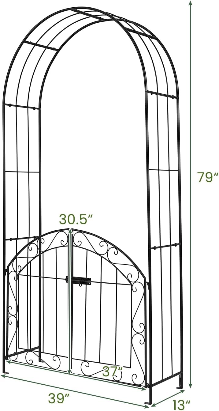 Giantex Garden Arch with Gate, 79" H x 39" W Heavy-Duty Metal Arbor Trellis with Safety Latch, 4 Ground Stakes for Climbing Plants Vines, Outdoor Archway for Lawn, Patio, Wedding & Party (Black)