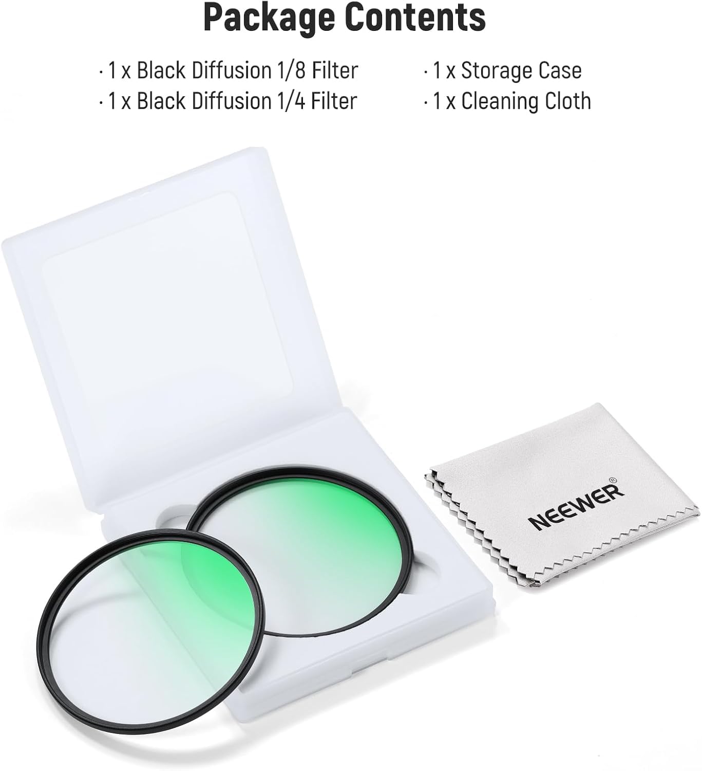 NEEWER 77 mm 1/4 i 1/8 czarny filtr do obiektywu aparatu dyfuzyjnego, zestaw 2 sztuk, czarny filtr z efektem kinowym Pro Mist wielowarstwowa szklana torba do przechowywania, ściereczka do czyszczenia,