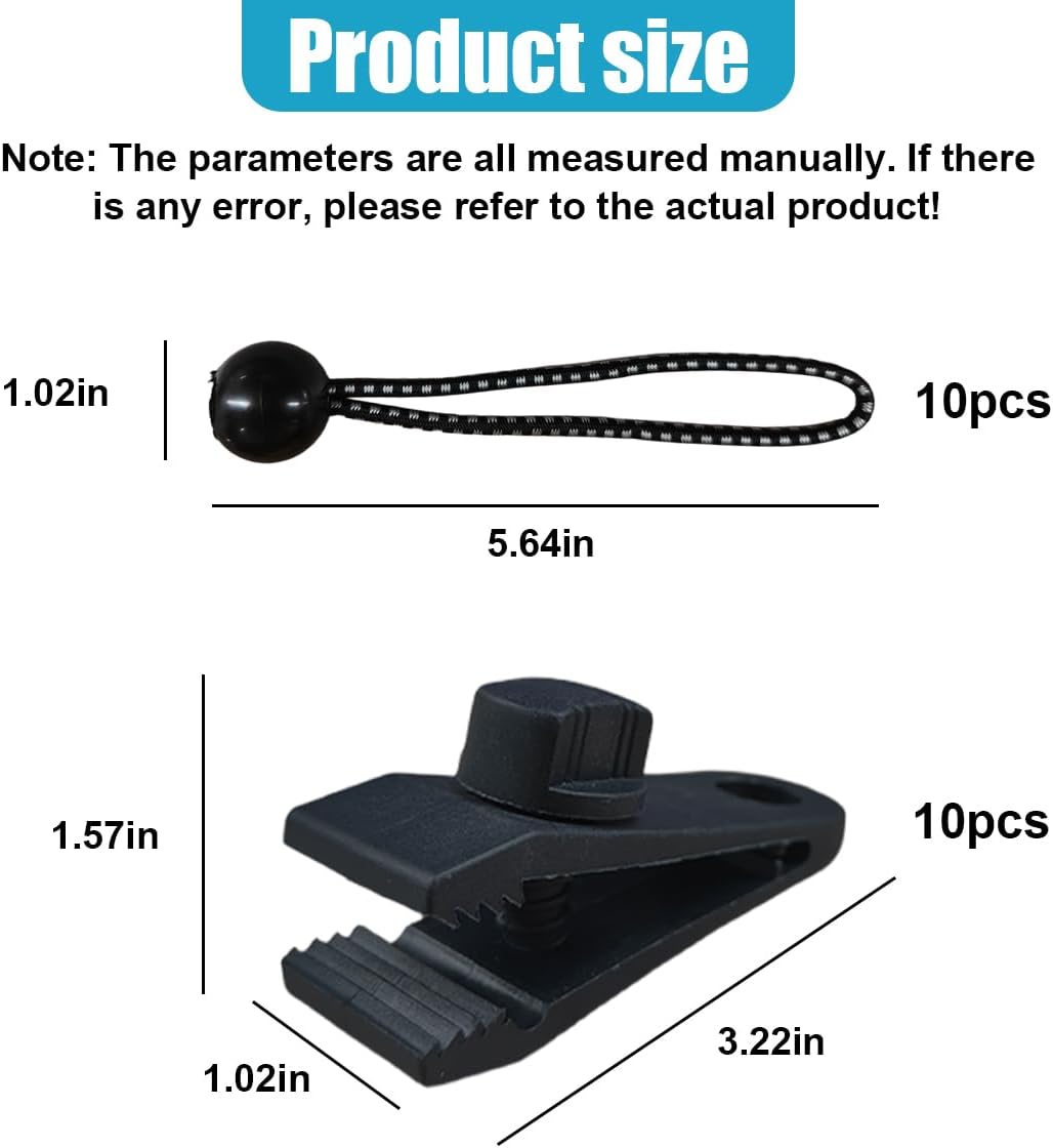 YoRise 20PCS Tarp Clips Heavy Duty Lock Grip & Ball Bungee Cords, Shade Cloth Fastener Clips, Car Cover Clamp Holder for Pool Awning Cover, Shark Tent, Outdoor Camping (Black)